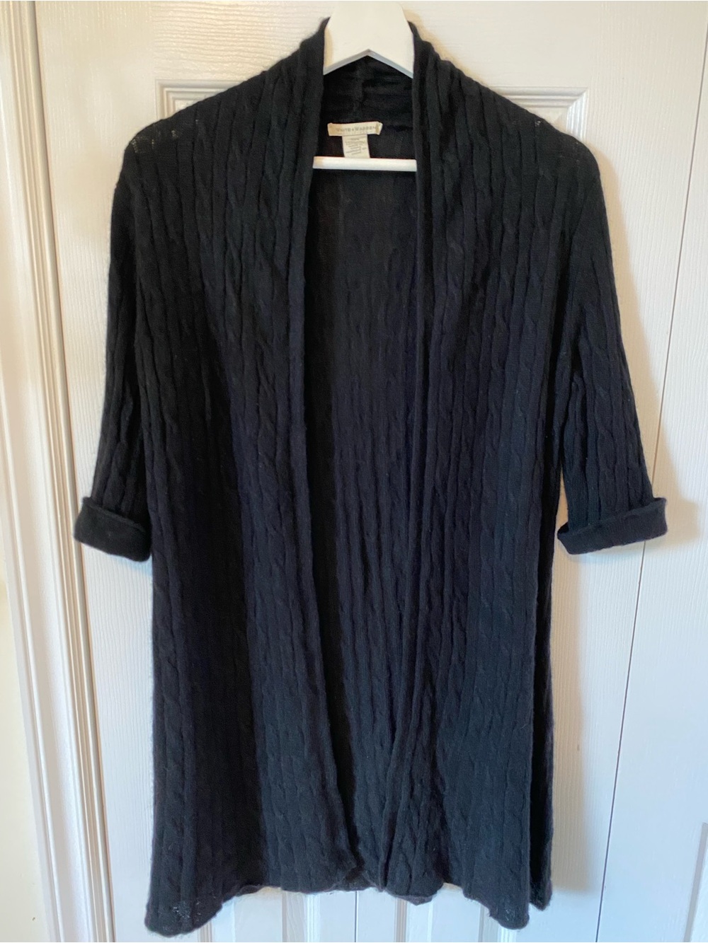 White + Warren 100% Cashmere Black Cable knit Floaty lightweight long Cardigan L